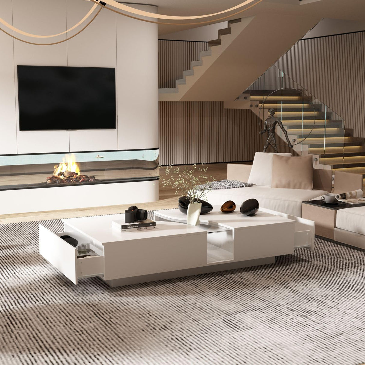 MOUMON Modern Coffee Table with Lights & Glass Tabletop, Living Room Coffee Table with 2 Drawers, Central Table with Storage, White (55.1”W x 31.5”D x 11.8”H) MOUMON