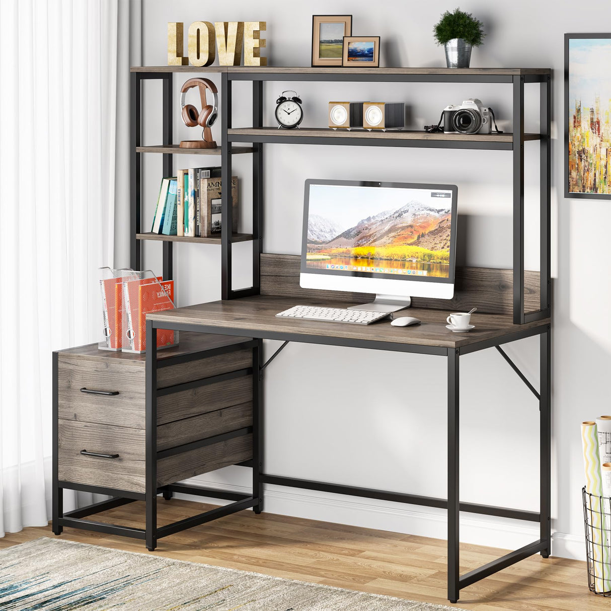 Tribesigns 55 Inch Computer Desk with 2 Drawers and Storage Shelves, Rustic Office Desk with Hutch, Study Writing Gaming Table Laptop Workstation for Home Office(Grey) Tribesigns