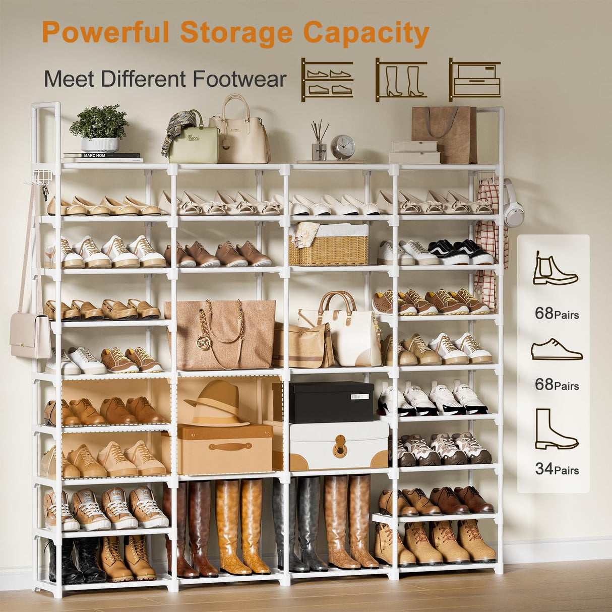 WOWLIVE 4 Row 9 Tiers Extra Large Shoe Rack 64-72 Pairs Big Tall Metal Shoe Shelf, Heavy Duty Organizer for Closet Entryway, Boot Rack Storage Stackable Stand for Garage White WOWLIVE