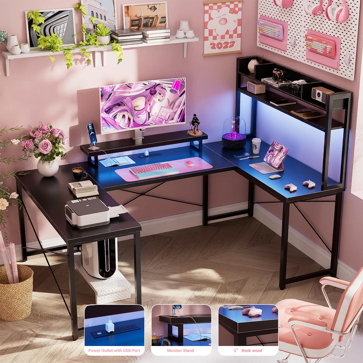 Unikito U Shaped Desk with Hutch, Reversible L Shaped Computer Desk with Power Outlets and LED Strip, Large Office Table with Monitor Stand, Large U Shape Gaming Desk, Black Unikito