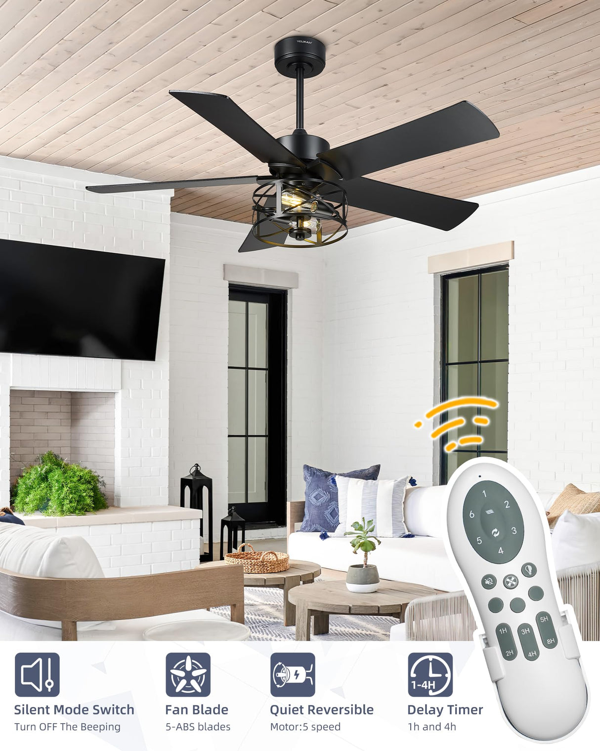 YOUKAIN Ceiling Fans With Lights, 48 Inch Farmhouse Ceiling Fans with Lights and Remote, 5-Reversible Blades with Matte Black/Wooden Finish, 48-YJ632-BKW YOUKAIN