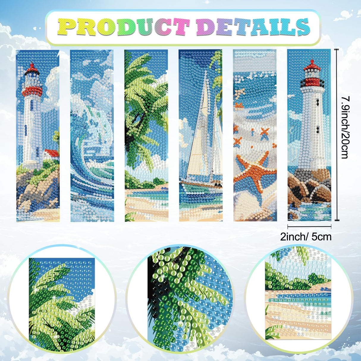 beinkmake 6Pcs Summer Ocean 5D Diamond Art Bookmarks Sea Diamond DIY Painting Bookmarks Lighthouse Sailboat Beach Starfish Rhinestones Beaded Acrylic Tassel Bookmark for Adult Beginner Crafts beinkmake