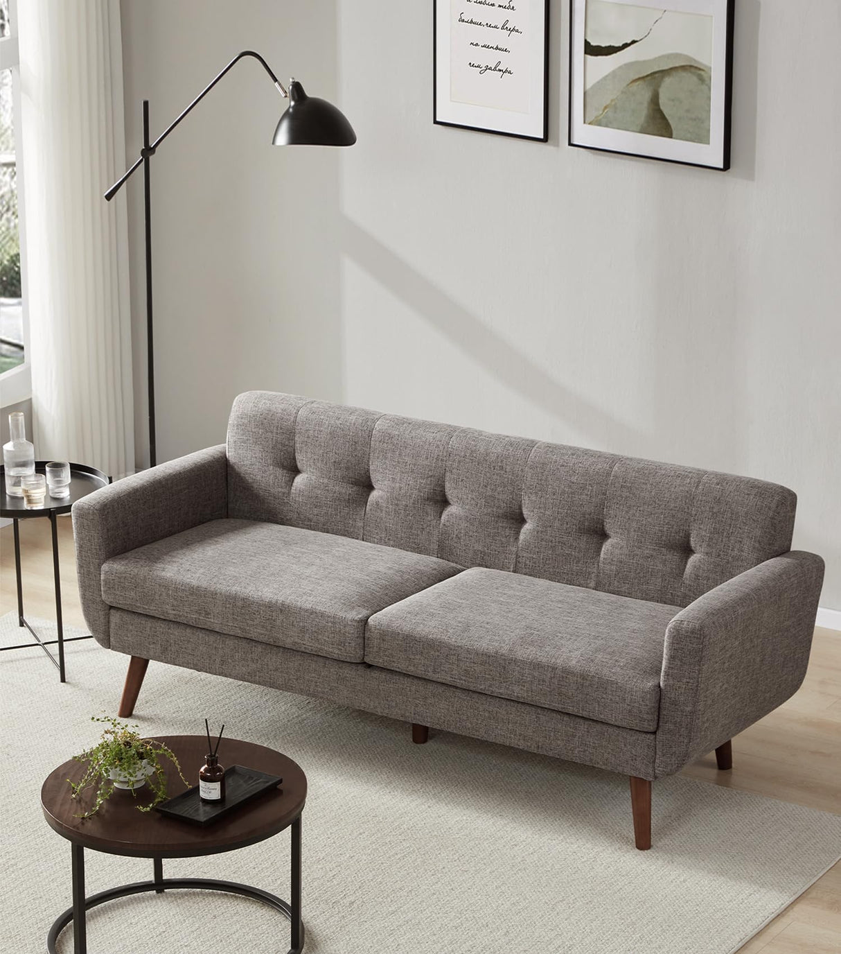 Tbfit 77.2" W Linen Sofa Couch, Mid Century Modern Decor Loveseat Couches for Living Room, Button Tufted Upholstered Small Couch for Bedroom, Solid, and Easy to Install Love Seats Furniture, Grey Tbfit