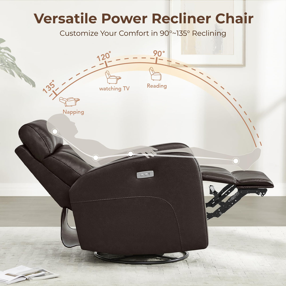 CHITA Genuine Leather Power Swivel Glider Recliner Chair for Adults, FSC Certified Electric Nursery Rocker Recliner Chair for Living Room, Dark Brown CHITA