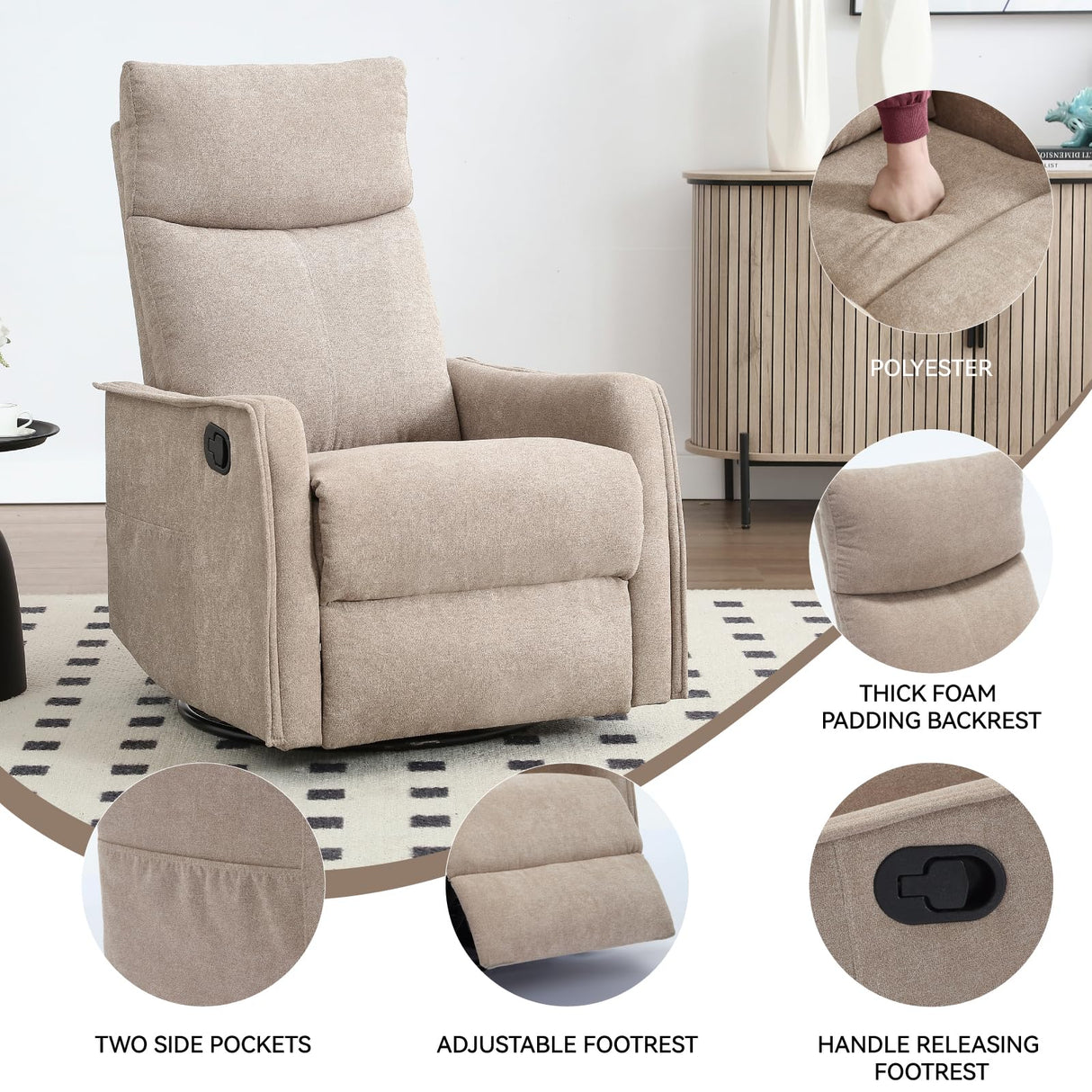 PELUMY Rocker Recliner Chair with Heat Massage - Manual Swivel Recliner for Living Room and Bedroom, 8 Vibration Points, Lumbar Heat, Glider Rocking Chair for Adults (Khaki) PELUMY