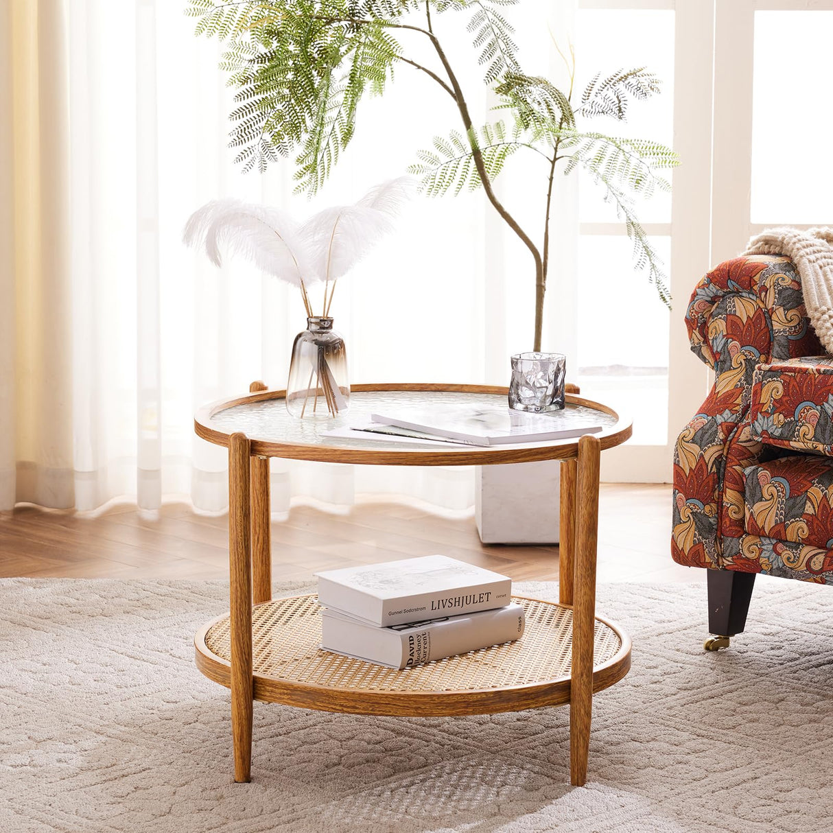 VINGLI 25.6" Rattan Coffee Table, Round Water-Wave Glass Metal Center Table, Modern Coffee Table with 2-Tier Storage, Farmhouse Circular Coffee Table for Living Room and Small Space, Natural Vibe VINGLI