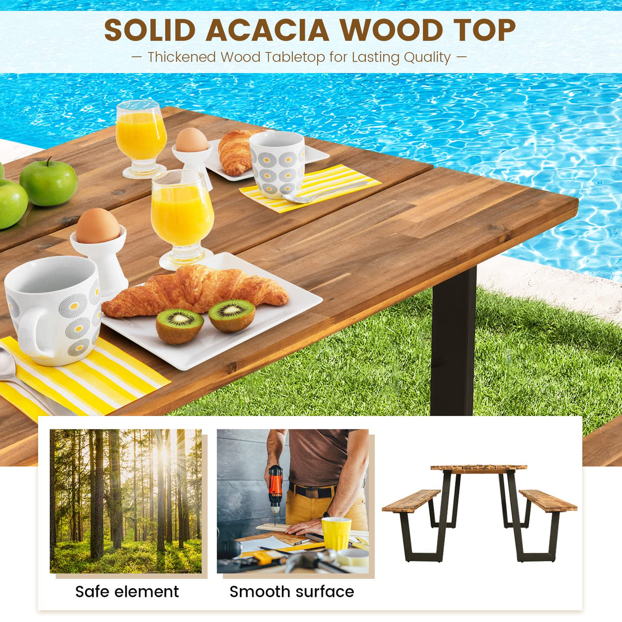 Tangkula Wooden Picnic Table, Outdoor Acacia Wood Picnic Table with 2 Built-in Benches, Umbrella Hole, Steel Frame, Outside Table and Bench Set for Garden, Backyard, Porch, Patio Tangkula