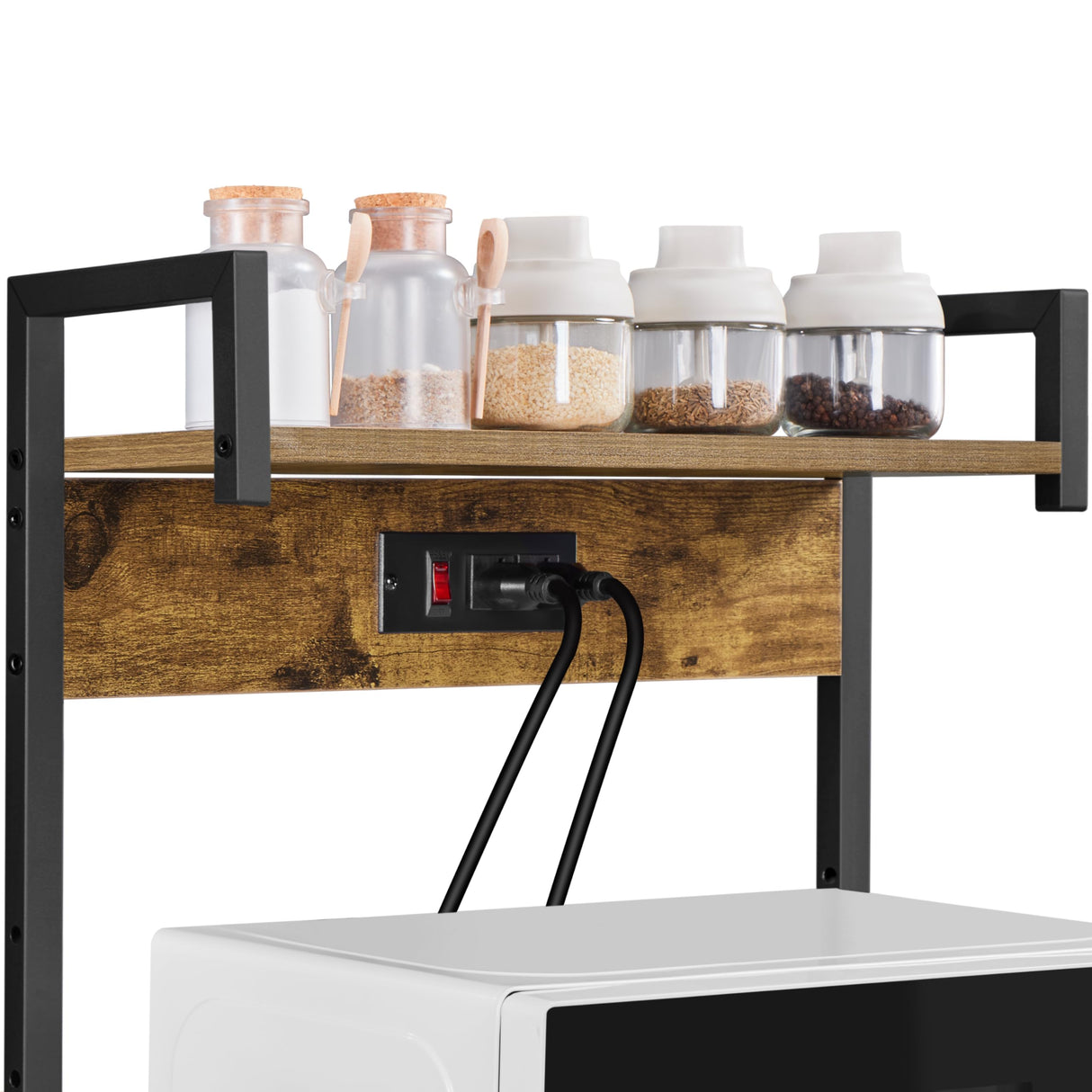 Yaheetech Kitchen Bakers Rack with Power Outlet, Coffee Bar Microwave Stand with Wire Basket and Wine Rack & 10 S-Hooks, Kitchen Island with Storage for Spices/Pots/Pans, Rustic Brown Yaheetech