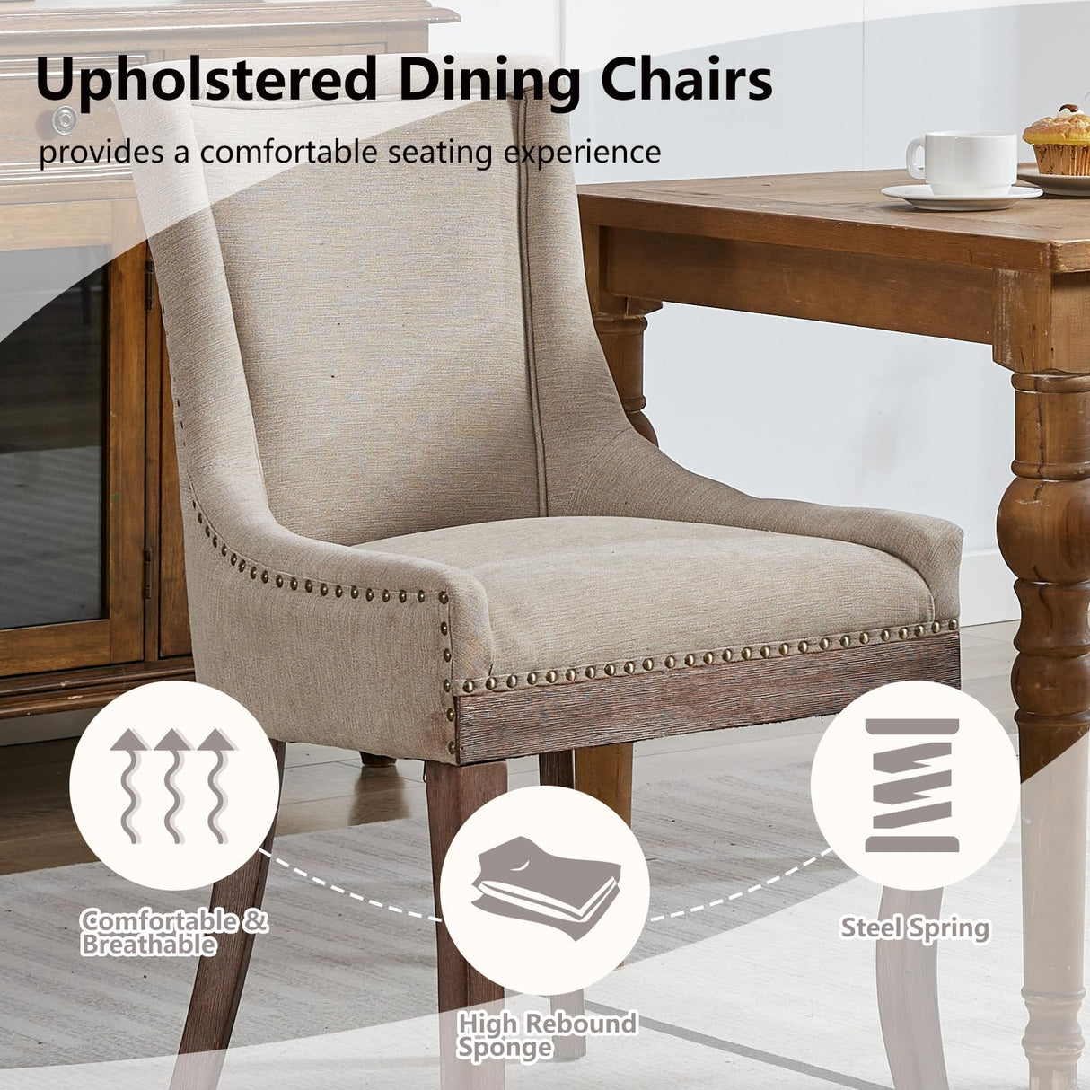 MZDOO Modern Dining Chairs Set of 2, High Back Dining Chairs Side Chairs with Solid Wood Legs, Upholstered Fabric Dining Room Chairs for Dining Room Kitchen, Beige MZDOO