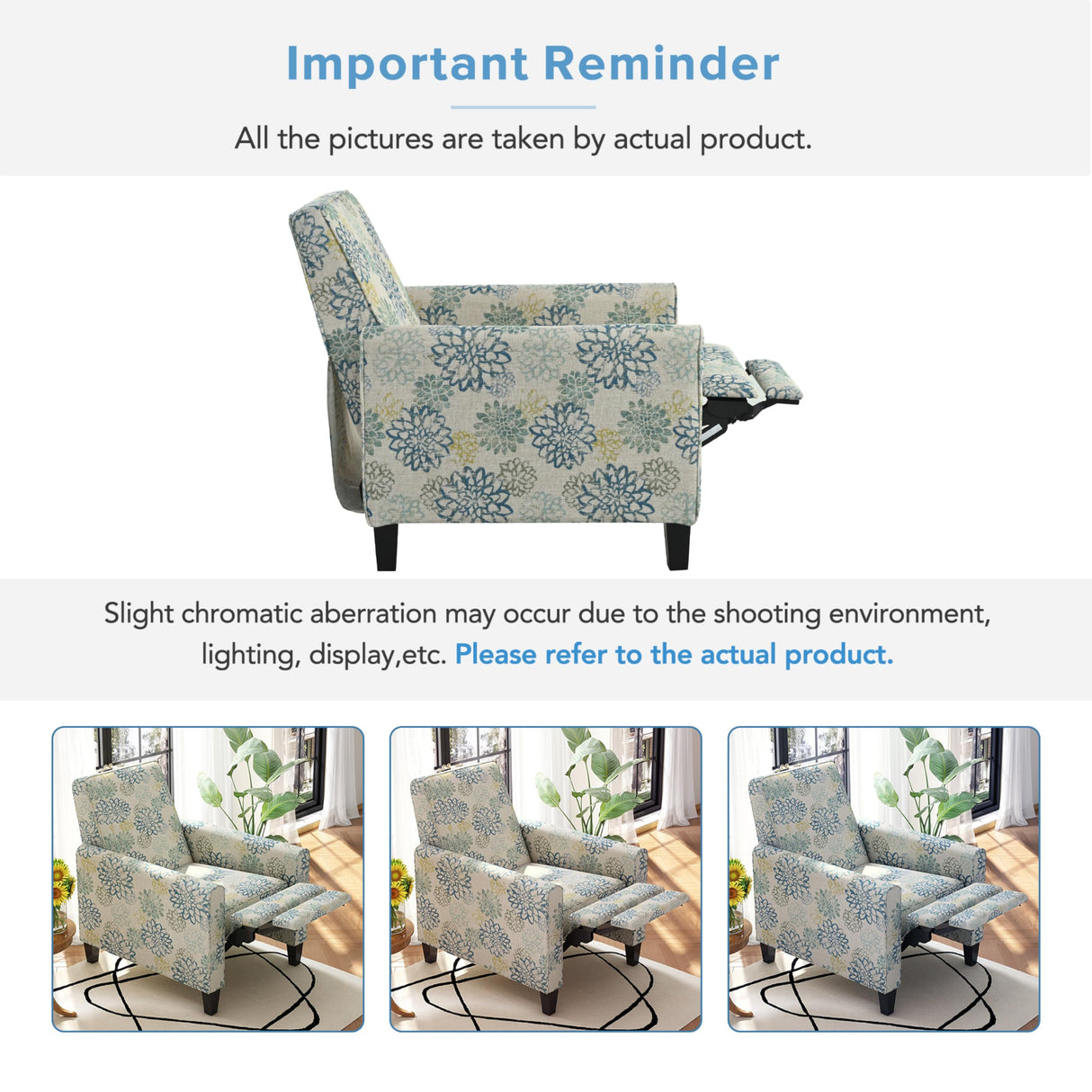 Christopher Knight Home Kenley Modern Fabric Upholstered Push Back Recliner Chair, Wooden Gliding Home Theater Seating, Comfy Reading Chair, Deep Seating Single Sofa Accent Chair, Mixed Blue Christopher Knight Home
