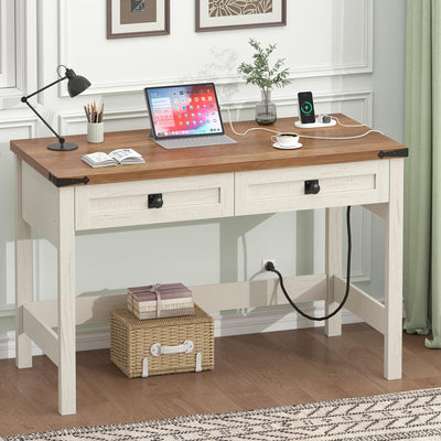 YOMILUVE Farmhouse Computer Desk with 2 Drawers, 39 Inch Small Office Computer Desk with Power Outlets, Compact Writing Study Desk for Small Spaces, Antique White
