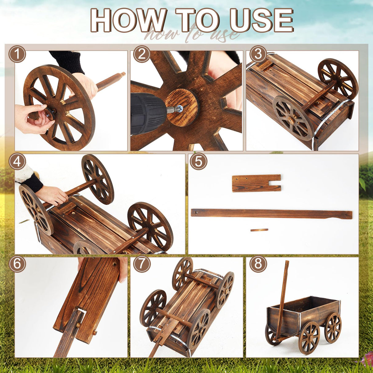 Beeveer Wooden Wagon Planter Box, Garden Planter with Wagon Wheels, Flower Cart for Patio Garden Balcony, Decorative Patio Planter Flowers Herbs Vegetables for Indoor Outdoor Decor, Brown (Classic) Beeveer