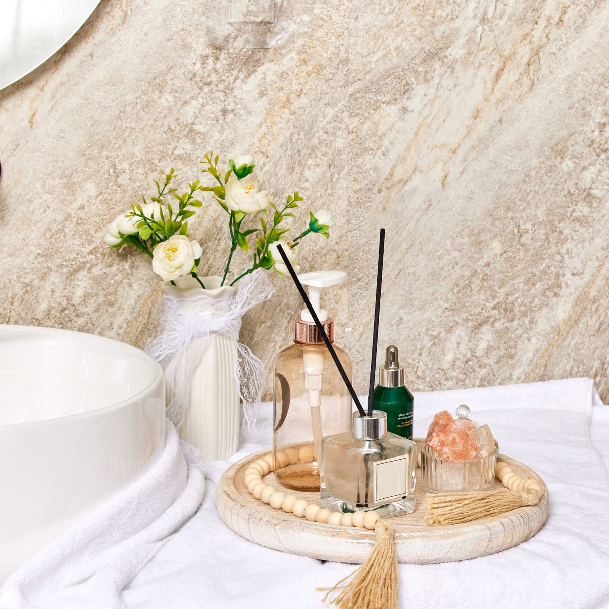 Yangbaga 11.8In Wooden Decorative Serving Tray Coffee Table Tray, Rustic Round-Ottoman Centerpiece Candle Holder Trays,Whitewashed Tray Decor for Farmhouse Kitchen Decor&Table Decor&Dining Room Table Yangbaga