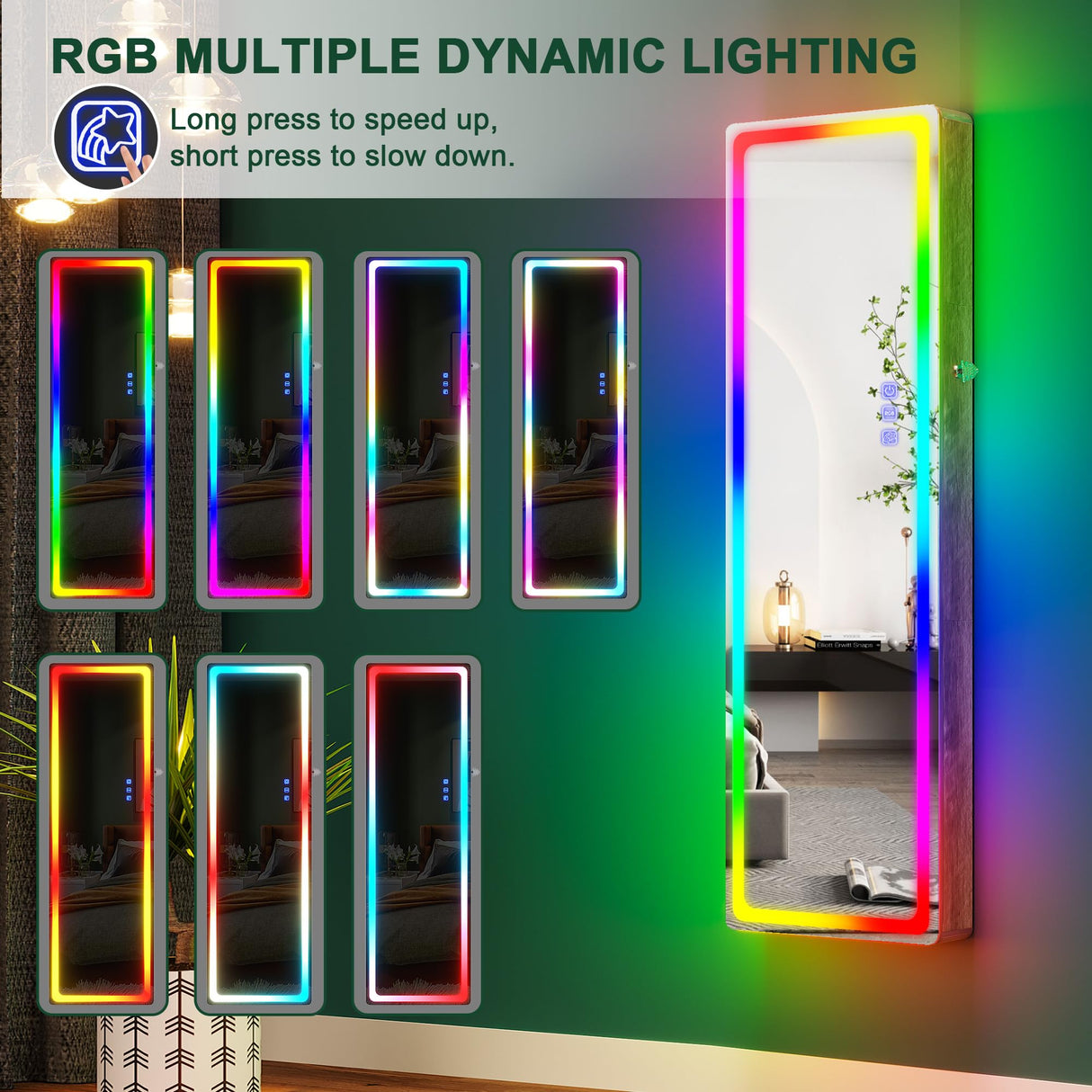 HNEBC LED Mirror Jewelry Cabinet with RGB Lights,47.2" Wall Mounted Jewelry Organizer with Full-Length Mirror,Over The Door Hanging Jewelry Armoire Storage Cabinet,Folding Dresser,2 Drawers,Lockable HNEBC