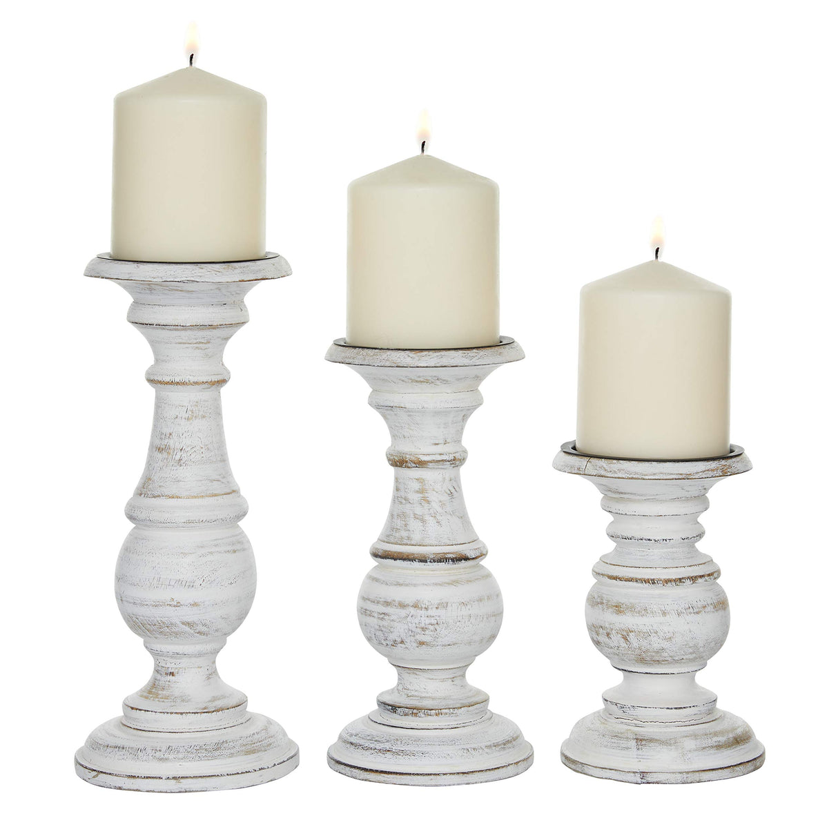 Deco 79 Mango Wood Decorative Candle Holder Turned Style Pillar Candle Stand, Set of 3 Candlestick Holder 10", 8", 6”H, White Deco 79