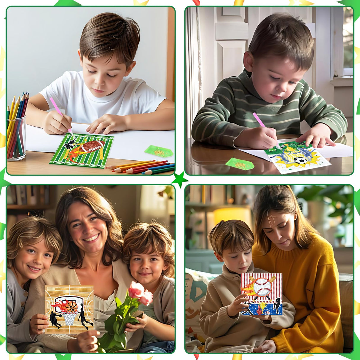 Cheerupp 4 Pcs Sports Diamond Art Kits for Kids, Basketball Football Baseball Soccer DIY Creative Diamond Art Sticker Craft by Number for Adults Beginner, Full Round Drill Gem Art for Home Wall Decor Cheerupp