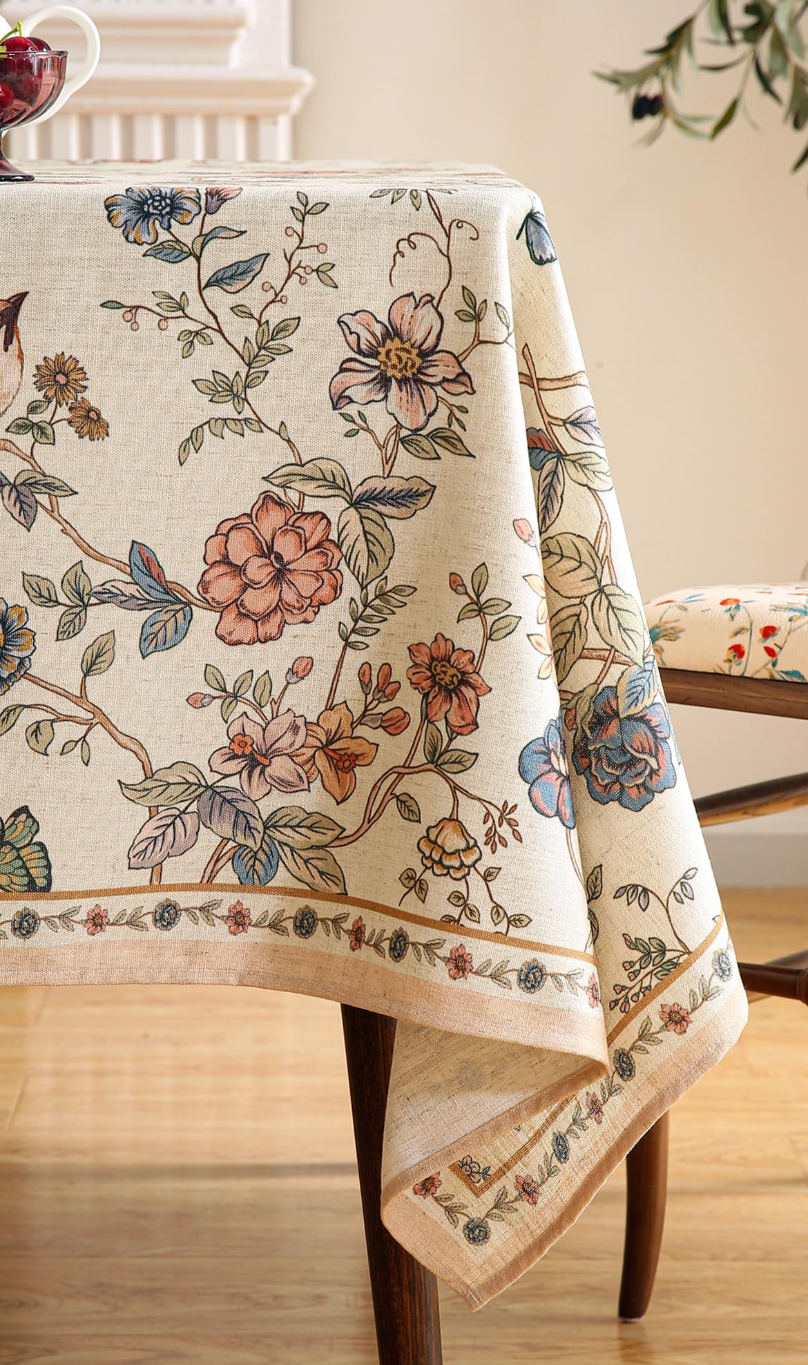 ISAENNE French Tablecloth for Rectangle Tables,Linen Table Cloth with Flowers and Birds Pattern,Heavy Durable Table Cover for Dining Thanksgiving Kitchen Decor Party Banquet Christmas,67"*118" ISAENNE