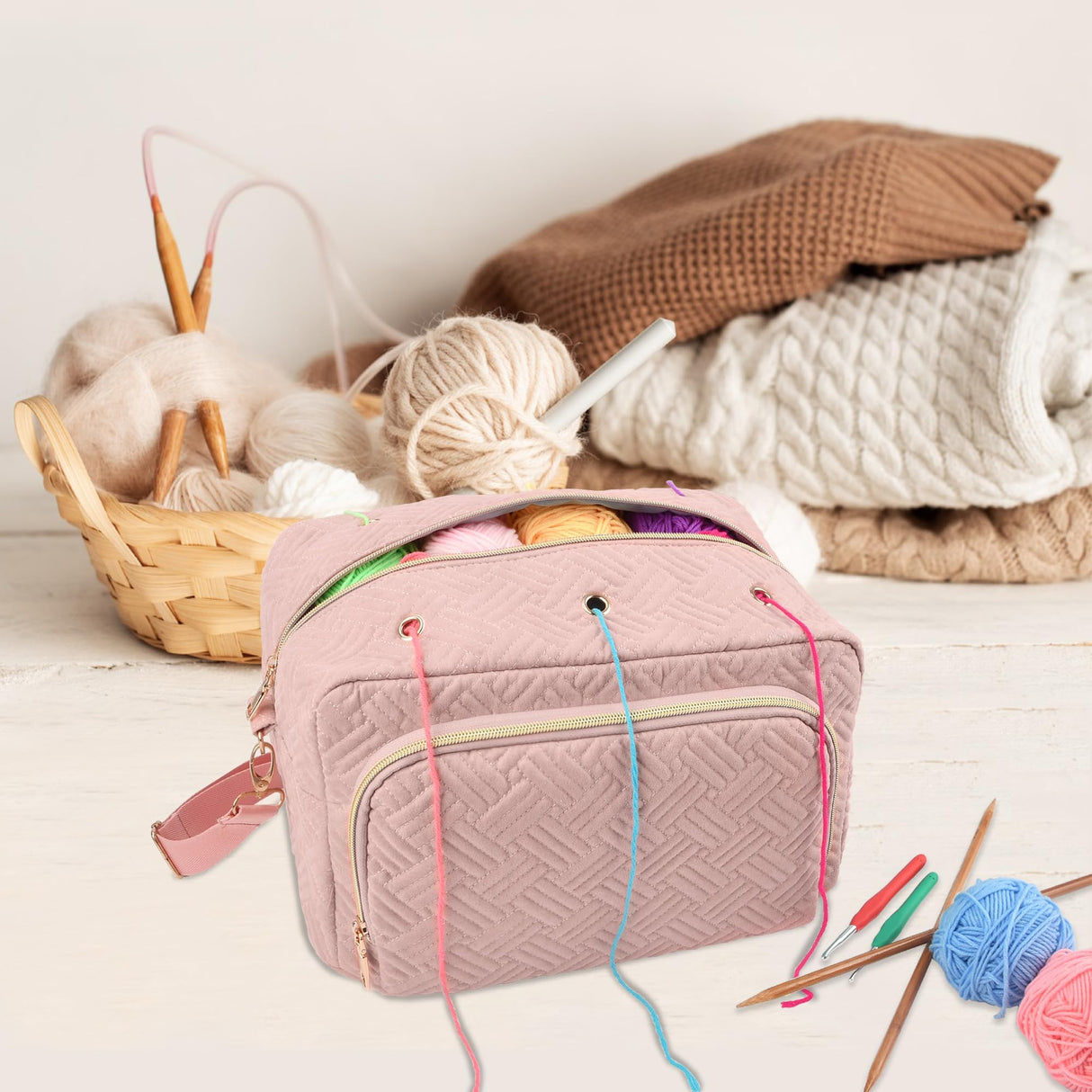 Crochet Bag Organizer, Yarn Storage Organizer, Yarn Holder for Crochet with Adjustable Shoulder Straps, Knitting Bag for crocheting, Crochet Hook Case Gifts for Crocheters (Pink) Uawsyut
