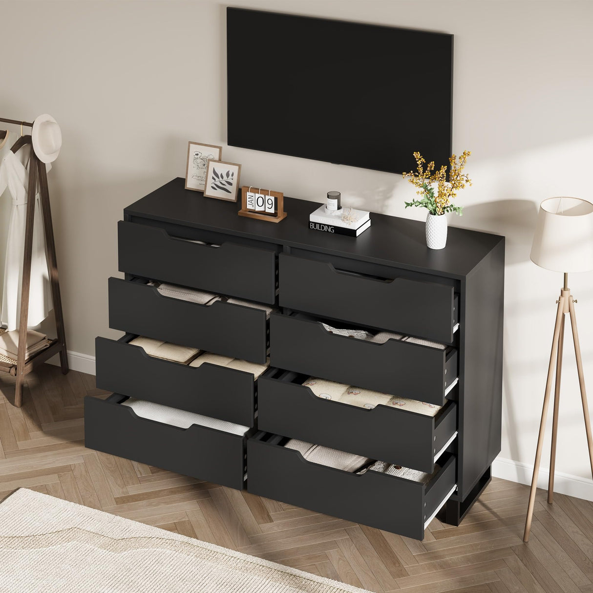 GarveeHome 8 Dresser for Bedroom, 55" Wide Dresser, Freestanding Horizontal Drawer with Storage, Wooden Closet Chest Storage for Living Room, Hallway, Entryway, Black GarveeHome