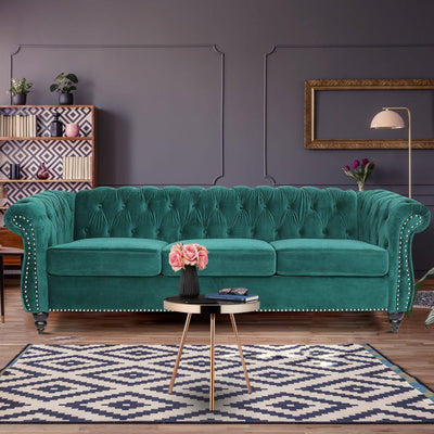 Chesterfield Sofa Velvet, Modern Tufted Couch 3 Seater with Rolled Arms and Nailhead for Living Room, Bedroom, Office, Apartment (Green)