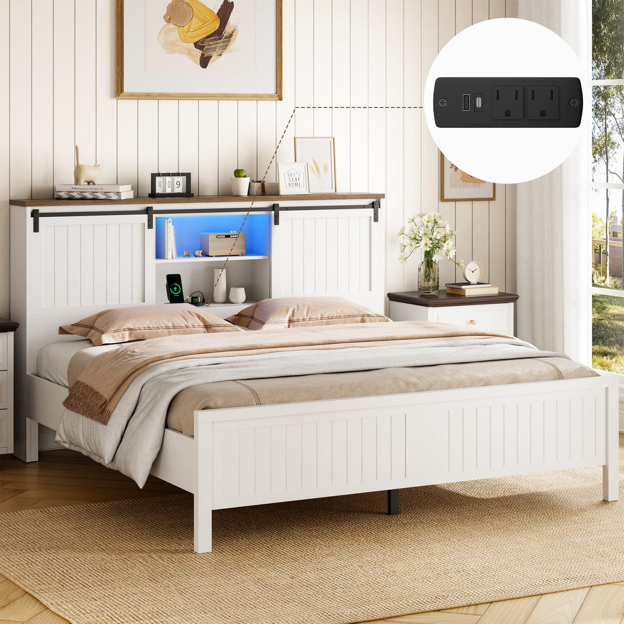 Garvee Farmhouse Full Bed Frame with Storage & Sliding Barn Door, Built-in USB Charging Station, LED Lighting, Noise-Free Design, No Box Spring Needed, Easy Assembly Garvee