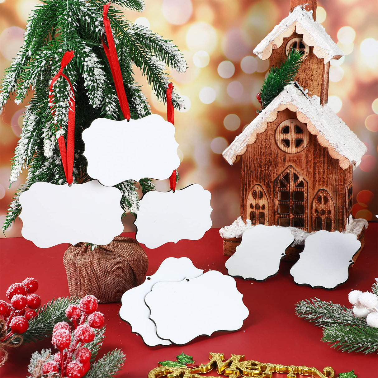 80 Pcs 4.3" x 2.8" Christmas Sublimation Ornament Blanks Double Sided Blank Heat Transfer Pendant Sublimation Christmas Ornaments MDF Board Personalized Sublimation Hanging Ornaments with Rope for DIY Zhehao