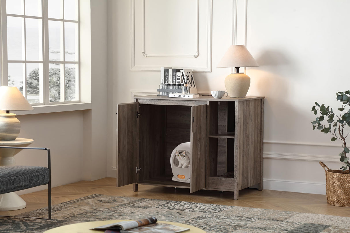 FOREST GRAVITY Cat-Faced Doors Cat Litter Robot Enclosure,Automatic Litter Box Enclosure for Litter Robot 3/4,Power Outlet for Litter Robot Cabinet,Litter Collector,Dog-Proof Adjustable Shelf,Grey FOREST GRAVITY