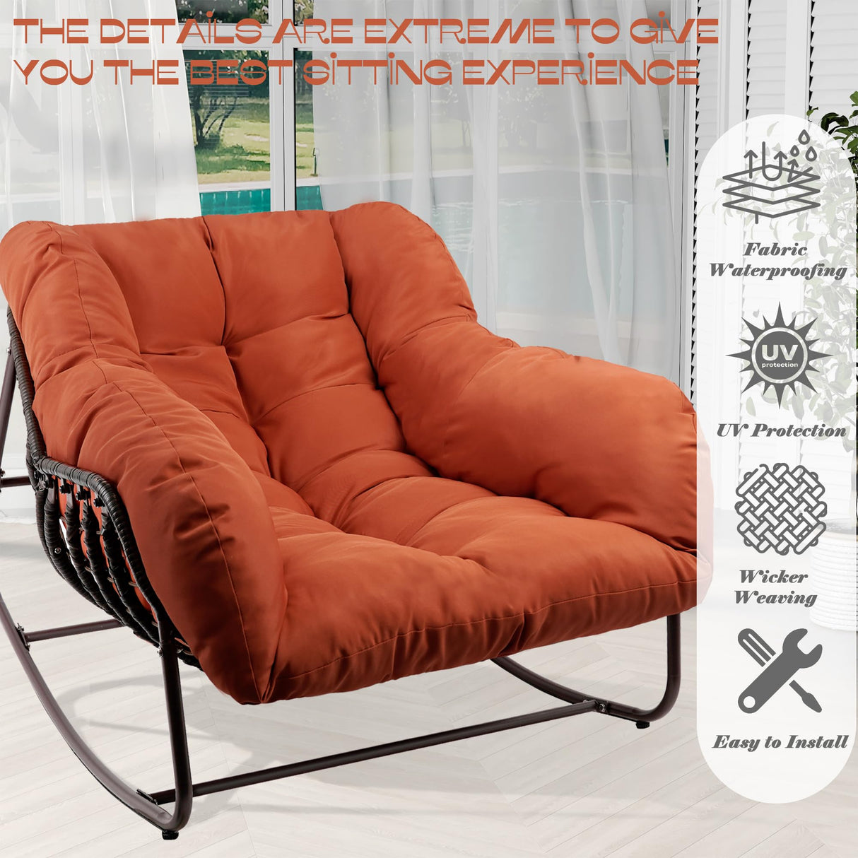 TXGDPIONEER Outdoor Papasan Rocking Chair, Oversized Patio Rocking Chairs with Padded Cushion& Pillow-Comfortable Rocker Egg Chair for Front Porch, Garden, Patio, Backyard,1PC,Red TXGDPIONEER