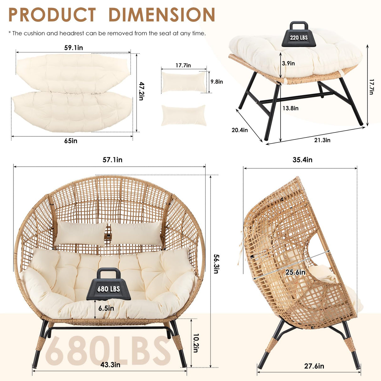 RADIATA Double Egg Chair with Footrests, 2 Person Wicker Lounge Chair with Thickened Cushion and Legs, Outdoor Wide Loveseat for Patio Garden Porch Indoor 680 lbs Weight Capacity (Beige with ottomans) RADIATA