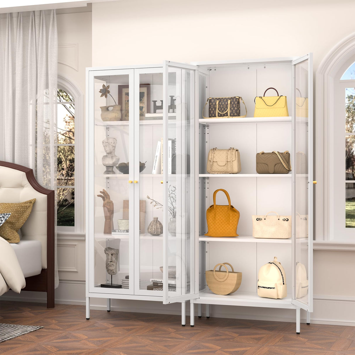 Polup Glass Display Cabinet with Doors and Shelves, White Curio Cabinet with 3 Side Tempered Glass, 66 Inch Tall Display Case for Collectibles, Metal Storage Cabinet for Living Room, Assemble Required Polup