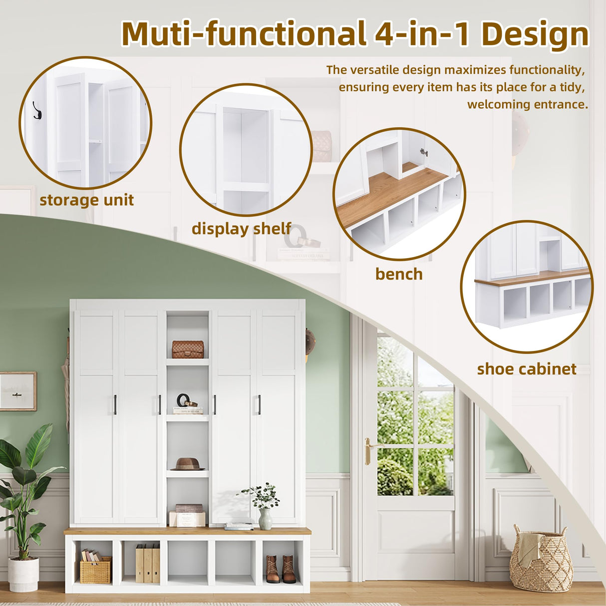 LUMISOL 4-in-1 Farmhouse Hall Tree with Wood Grain Bench and 8 Open Compartments, 62.9" Wide Entryway Bench with Storage Unit and 6 Hooks, Rustic Coat Rack for Hallway Living Room, White LUMISOL