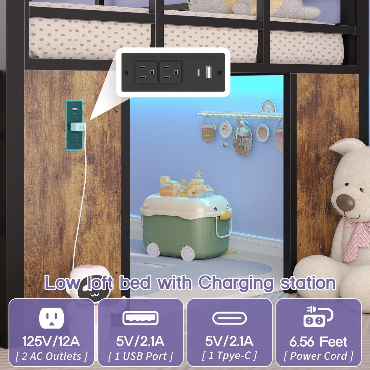 busyaeh Twin Loft Bed for Kids with 5 Drawers & 6 Bookcase and LED Light,Low Loft Bed with 15.8" H Safety Guardrail and Charging Station,Metal Kids Loft Beds with Under-Bed Play Space,Vintage Brown busyaeh