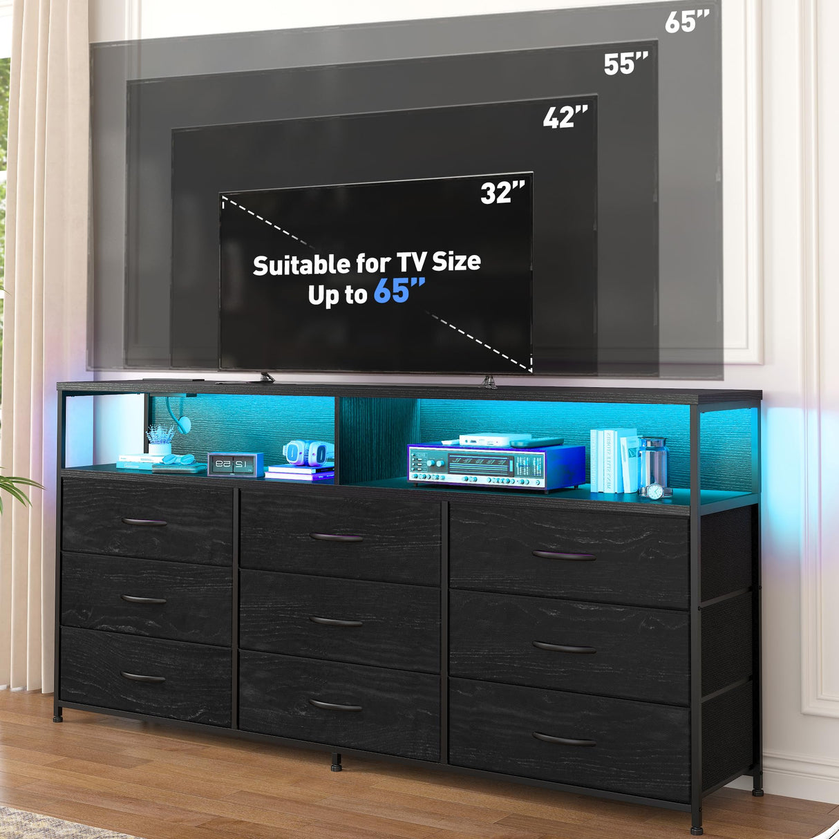 EnHomee 55" W Dresser TV Stand with Power Outlet & Lights for 65" TV, Dresser for Bedroom with 9 Fabric Drawers, TV Stand for Bedroom Dressers Console Table 55''W*11.8''*35.5'', Charcoal Black EnHomee