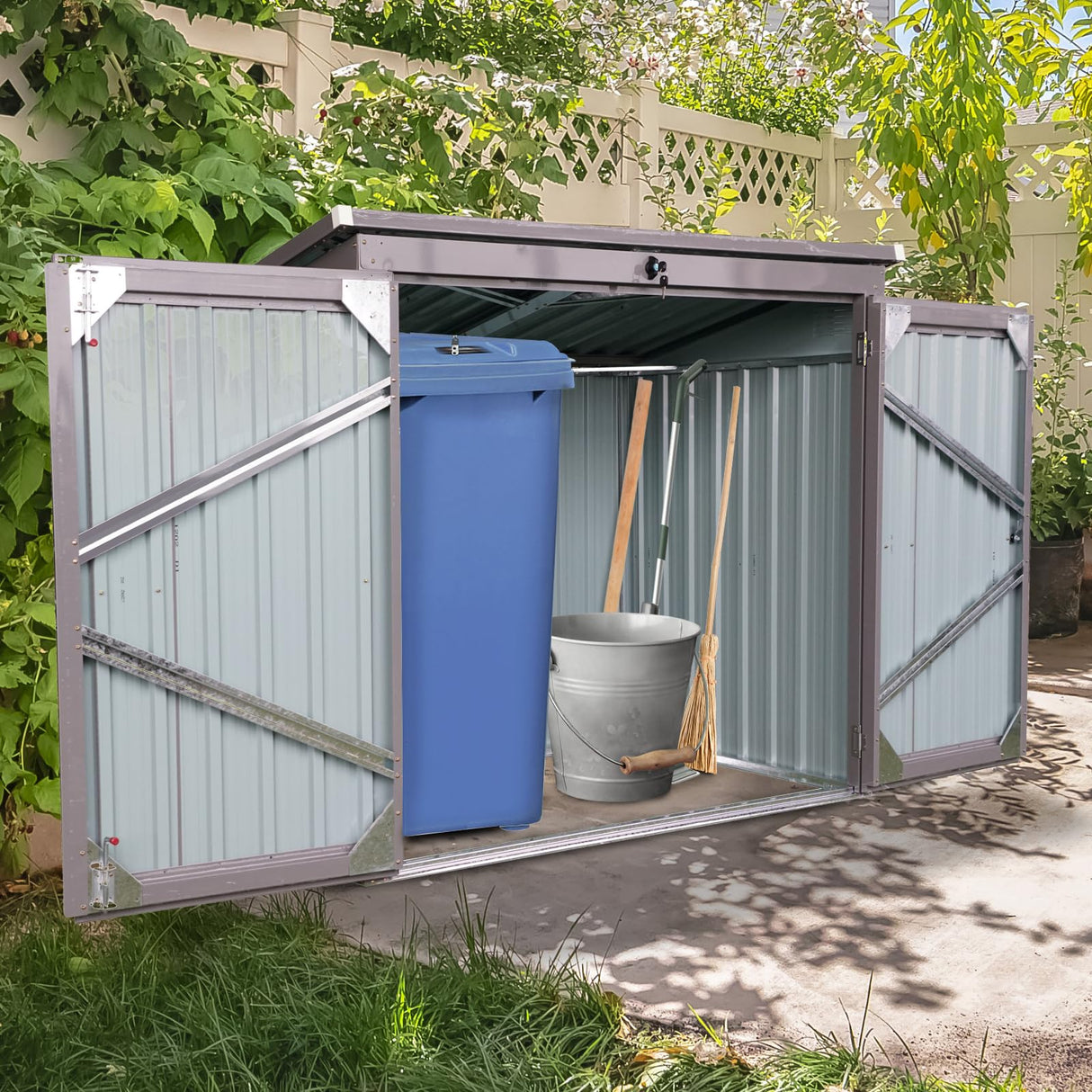 Ball & Cast 62" Garbage Bin Shed Stores 2 Trash Cans Metal Outdoor Storage,Stainless Galvanized Steel House with Sloped Roof & Lockable Door,Waterproof Cabinet Shelter for Patio,Lawn,Gray Ball & Cast