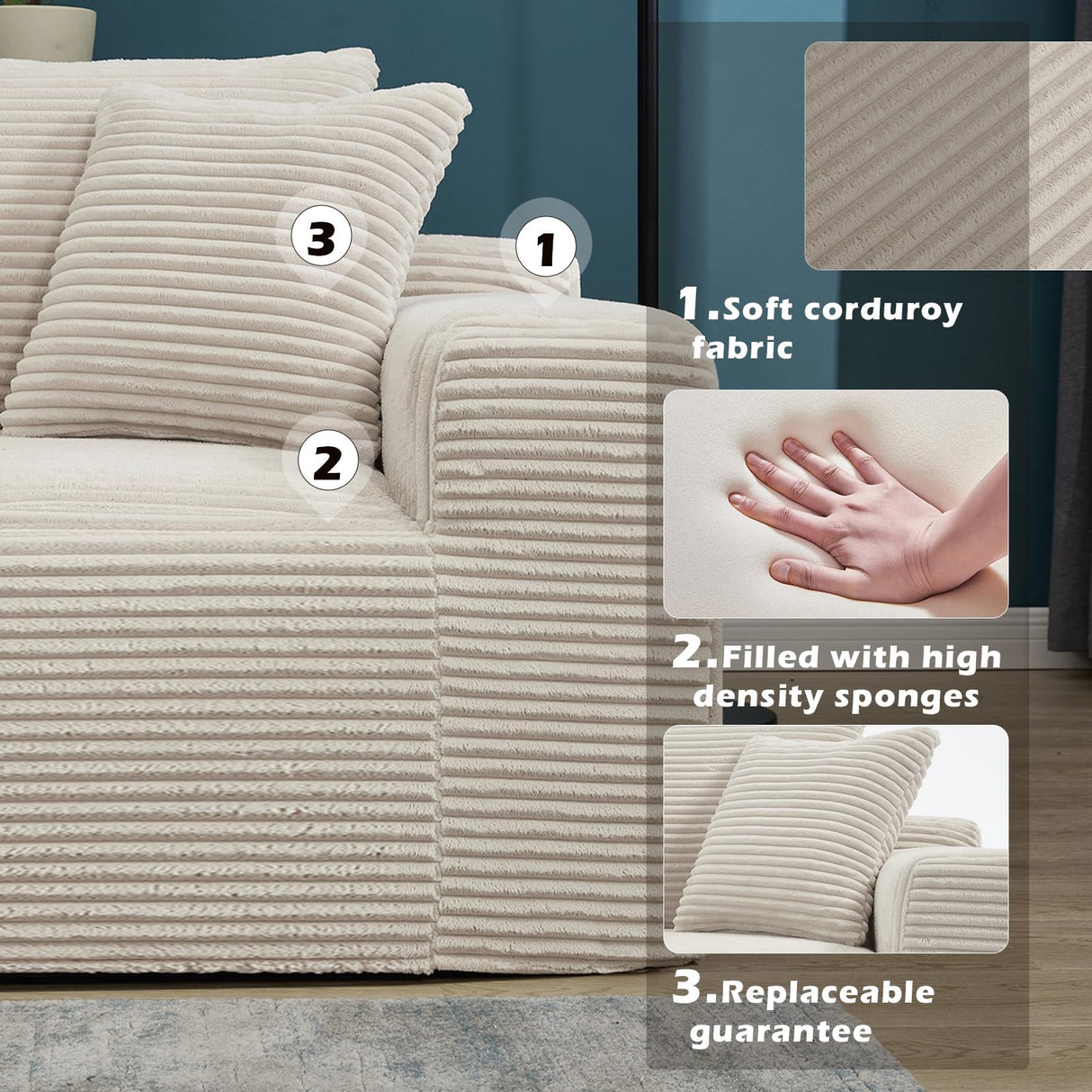 KEIKI 108.7'' Modular Sectional Sofa Couch, L-Shape 3-Seat Velvet Cloud Couch with Oversized Chaise, Memory Foam Cushion, Removable Back & Neck Pillow for Living Room Sofa, Right Facing Chaise, Beige KEIKI