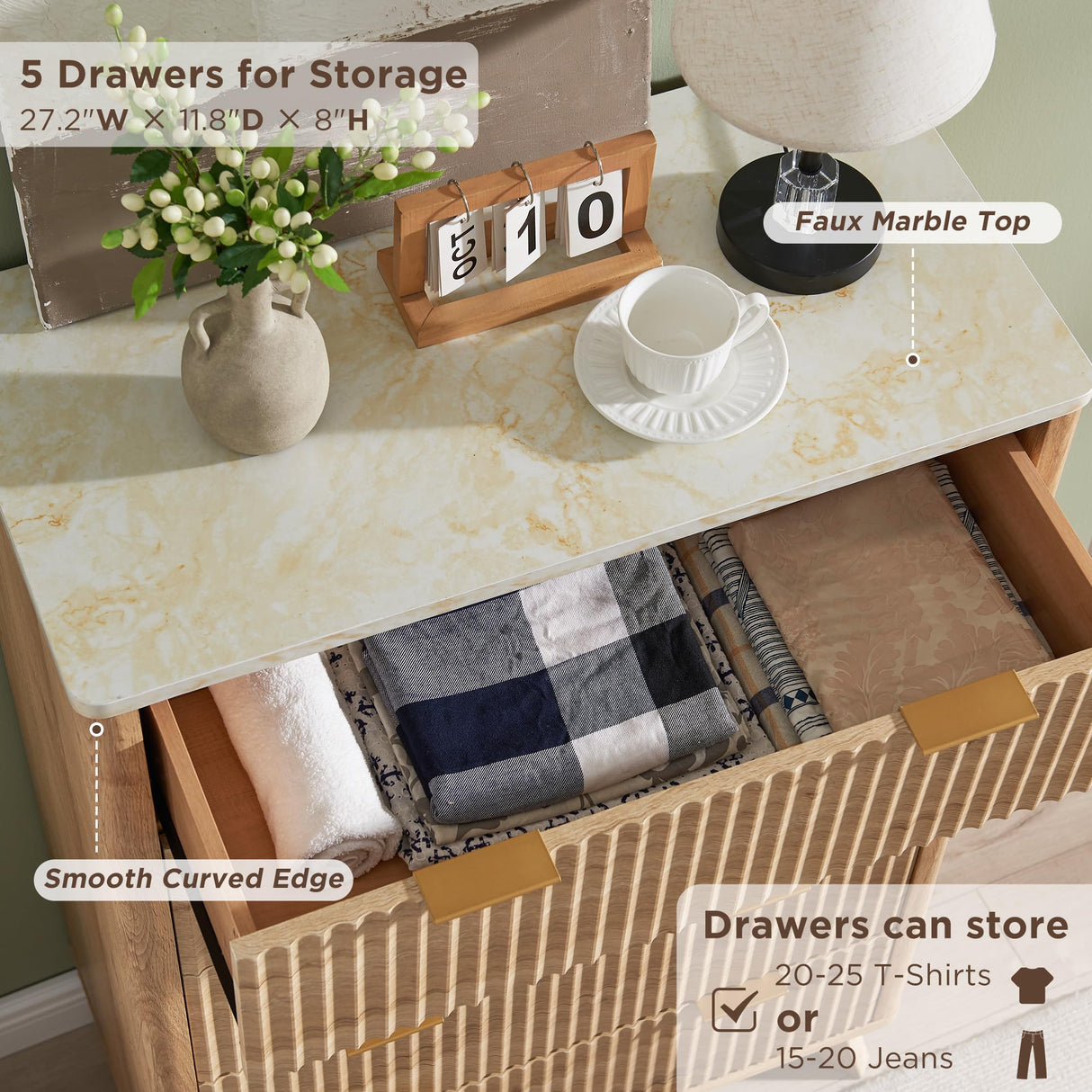 T4TREAM Fluted 5 Drawers Dresser, 48" Tall Modern Chest of Drawers with Faux Marble Top, Curved Profile Design, Wood Drawer Organizer for Bedroom, Living Room, Hallway, Entryway, Natural Oak T4TREAM
