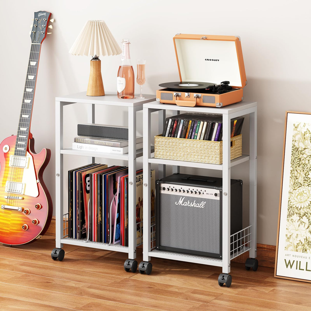 Kalrin Small Side Table, 3 Tier Moveable Small End Table, Record Player Stand with Records Shelf, Tall Nightstand for Bedroom, Living Room, Sofa, Office, Bathroom (Pure White) Kalrin