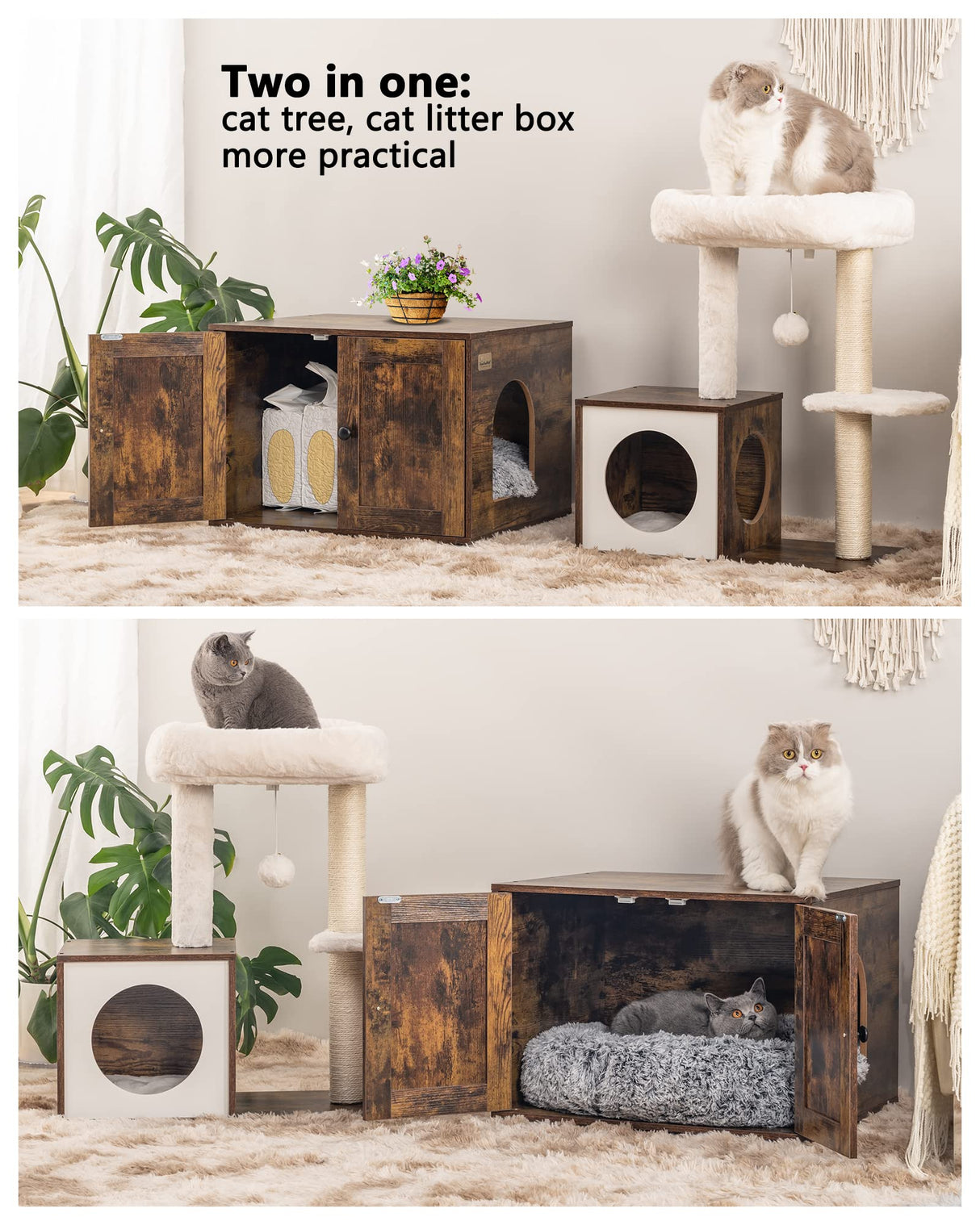FourFurPets Multipurpose Litter Box Enclosure, Cat Tree and Condo, Side Table, with Large Platform, Cat House, Full Sisal Posts, Removable Washable Cushion, Rustic Brown FourFurPets