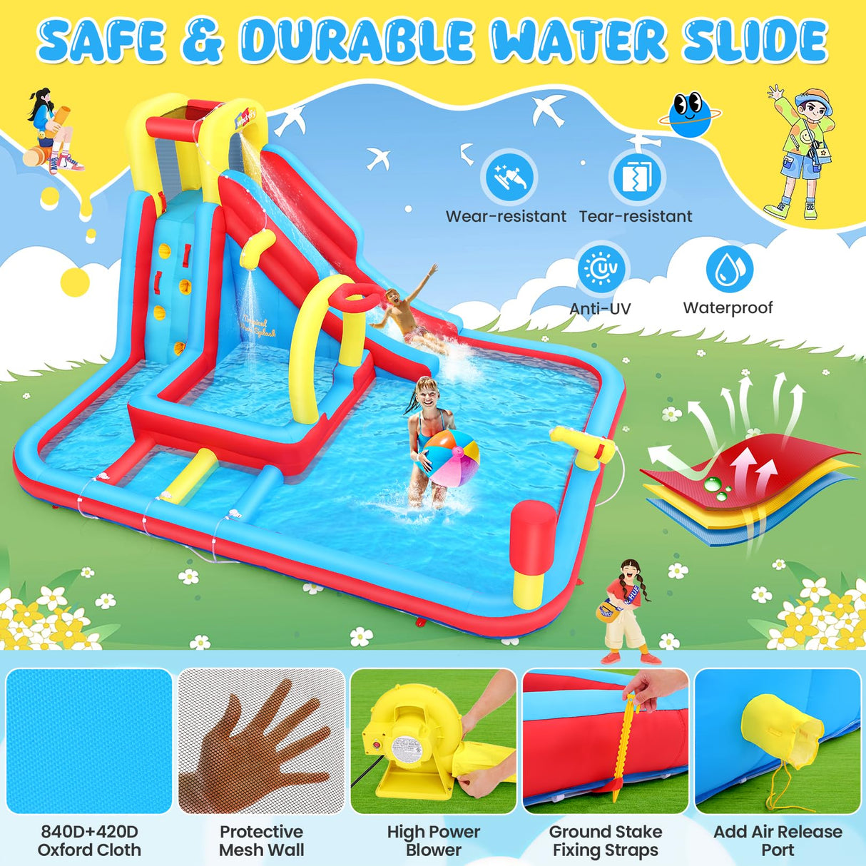 Whubefy Inflatable Water Slide Bounce House, 13.2x10Ft 13-in-1 Bounce House Obstacle Course Waterslides, Summer Fun w/Boxing Pole/Slide/ 10+ Accessories, Inflatable Water Slide for Kids Outdoor Whubefy