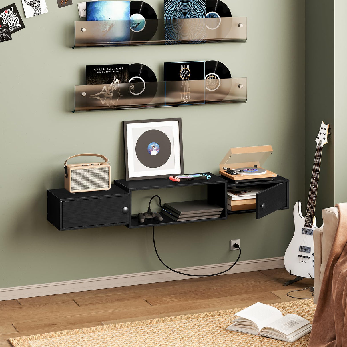 HOOBRO Floating TV Stand with Power Outlets 55", Modern Wall Mounted Media Console Shelf with Doors, Entertainment Center for Under TV Storage, for Living Room, Bedroom, Black BK11UDS01 HOOBRO