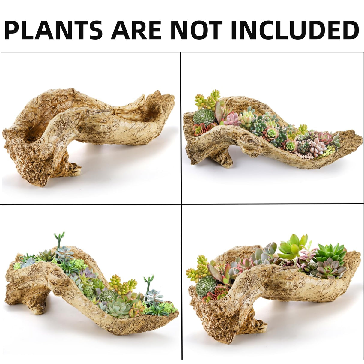 Pumtus Artificial Driftwood Planter, 16''L x 5''W x 5''H Sculpture Resin Succulent Flower Pot, Creative Imitation Wood Stump Log Bonsai Plant Pot, Cactus Container with Drainage Hole for Garden Pumtus