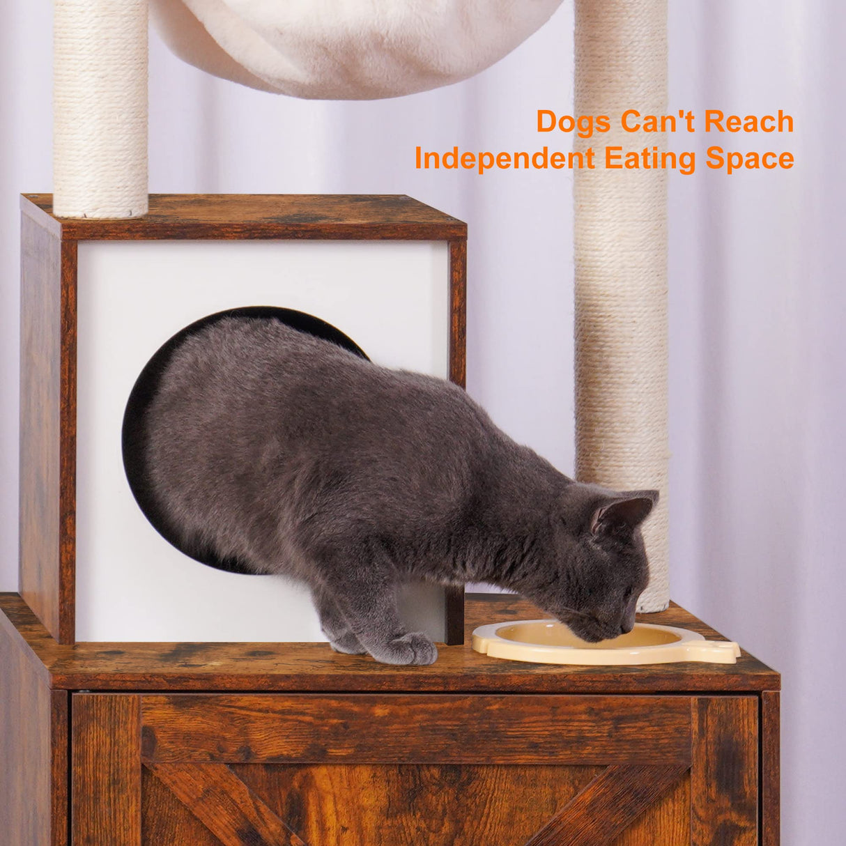 Heybly Cat Tree, Wood Litter Box Enclosure with Food Station, All-in-one Indoor Cat Furniture with Basket and Condo, Modern Style Cat Tower, Hammock, Rustic Brown HCT101SR Heybly