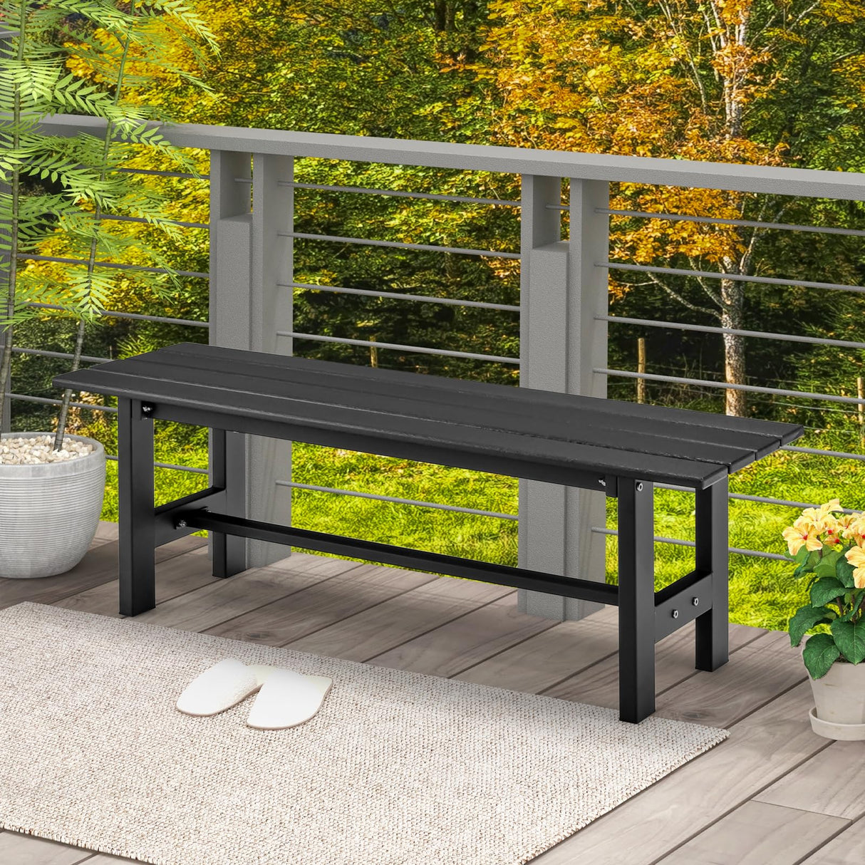 Tangkula 47” Black Outdoor Garden Bench for 2 - Sturdy Patio Seating with HDPE Slatted Seat & Metal Frame Tangkula