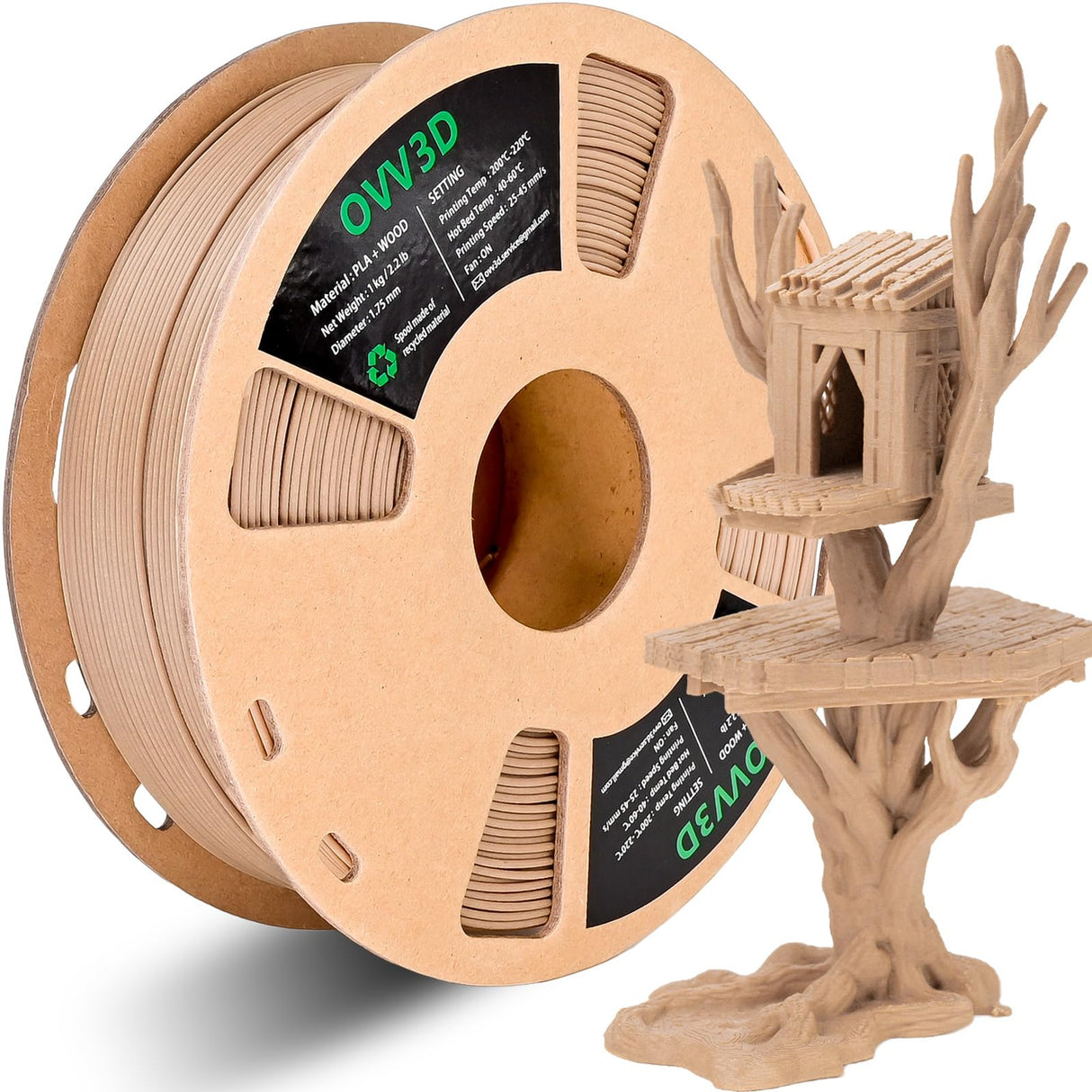 OVV3D Wood PLA Filament 1.75mm, 3D Printer Filament, White Oakwood PLAFilament More Than 30% Real Wood Fiber, Matte and Frosted, 1.75 PLA 3D Printing Filament, 1kg OVVNYXE