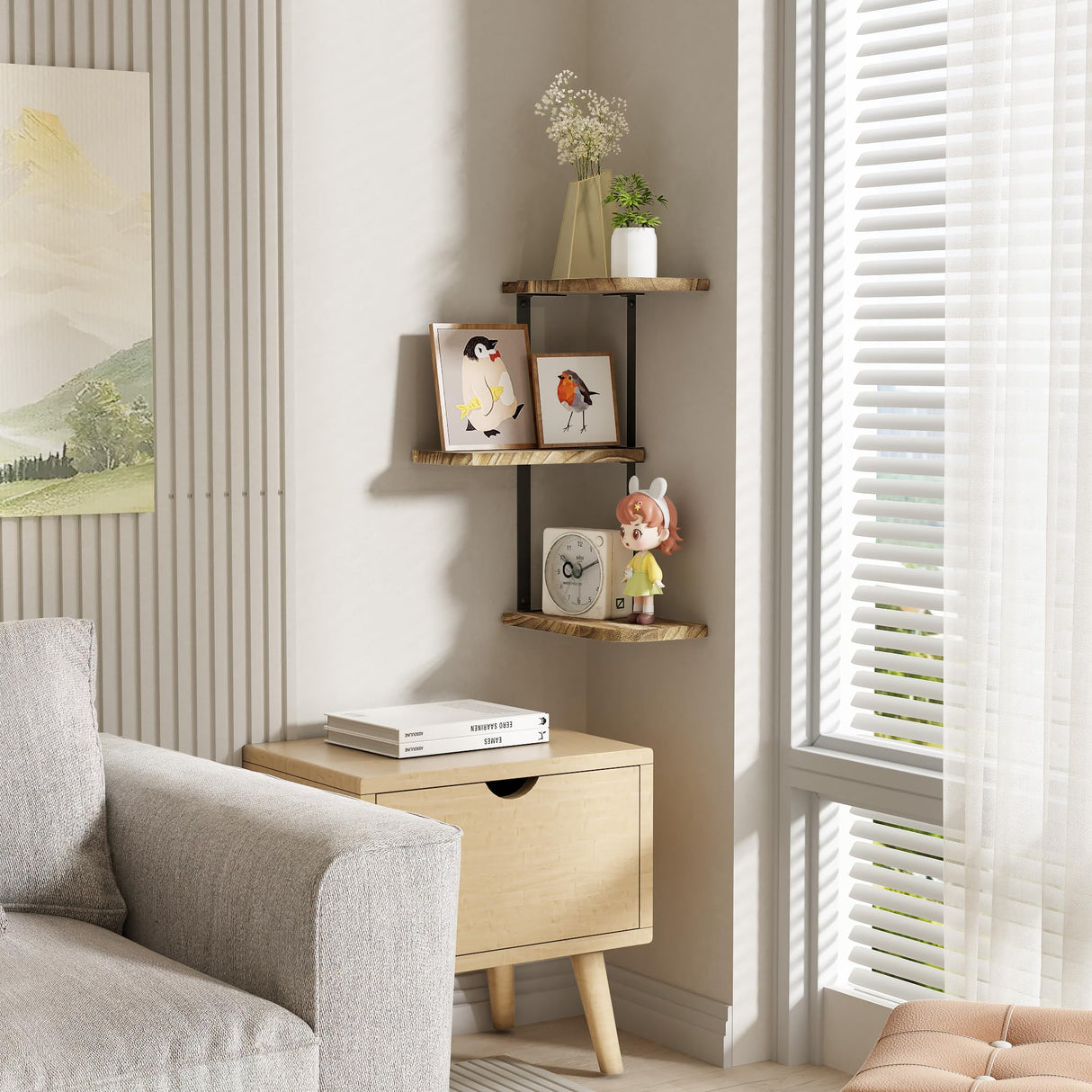 Love-KANKEI Corner Shelf Wall Mount of 3 Tier Rustic Wood Floating Shelves for Bedroom Living Room Bathroom Kitchen Office and More Carbonized Black Love-KANKEI