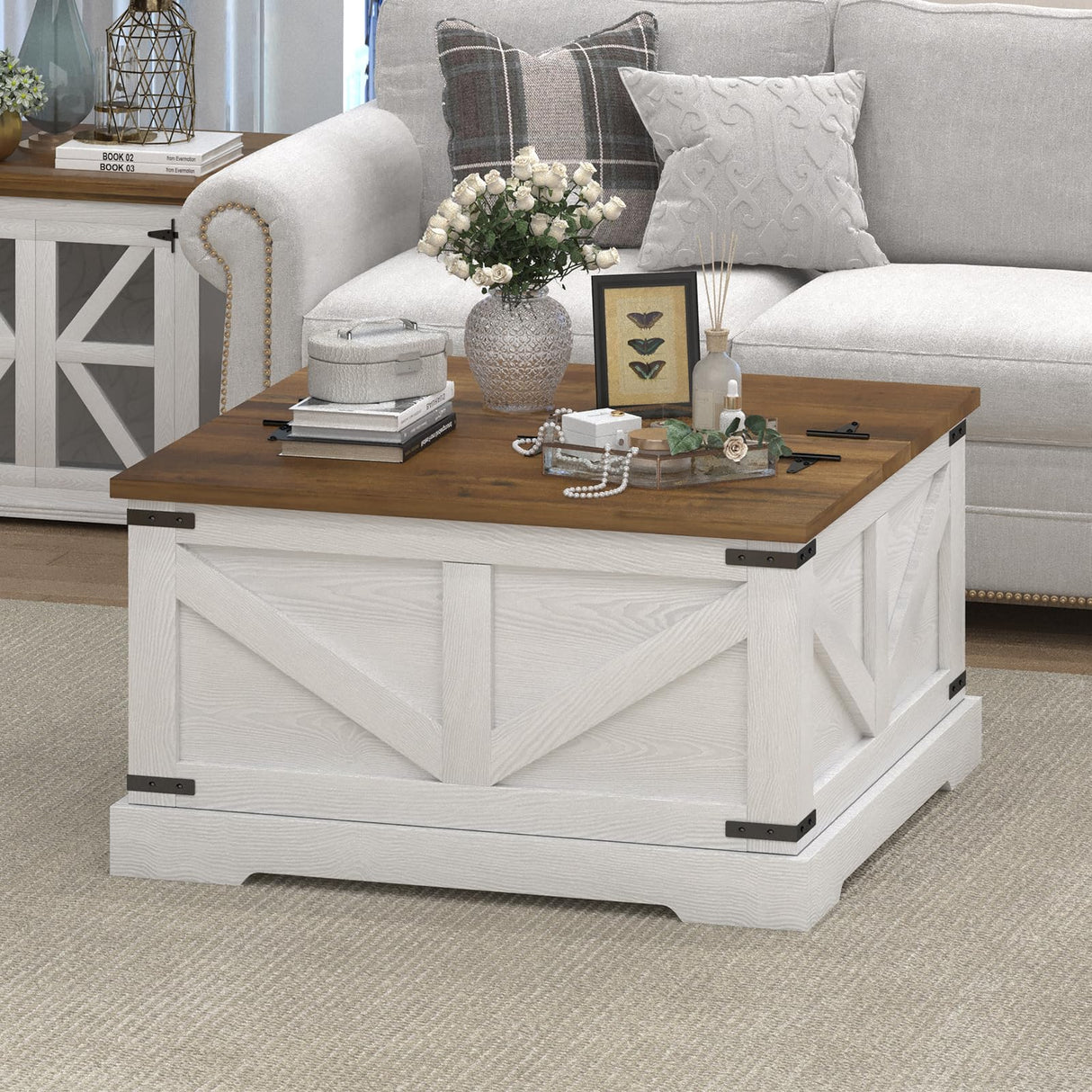 REVOMINCA Farmhouse Coffee Table with Hidden Storage Compartment, White Square Coffee Table for Living Room, Wood Center Table with Hinged Lifting Tabletop for Home REVOMINCA