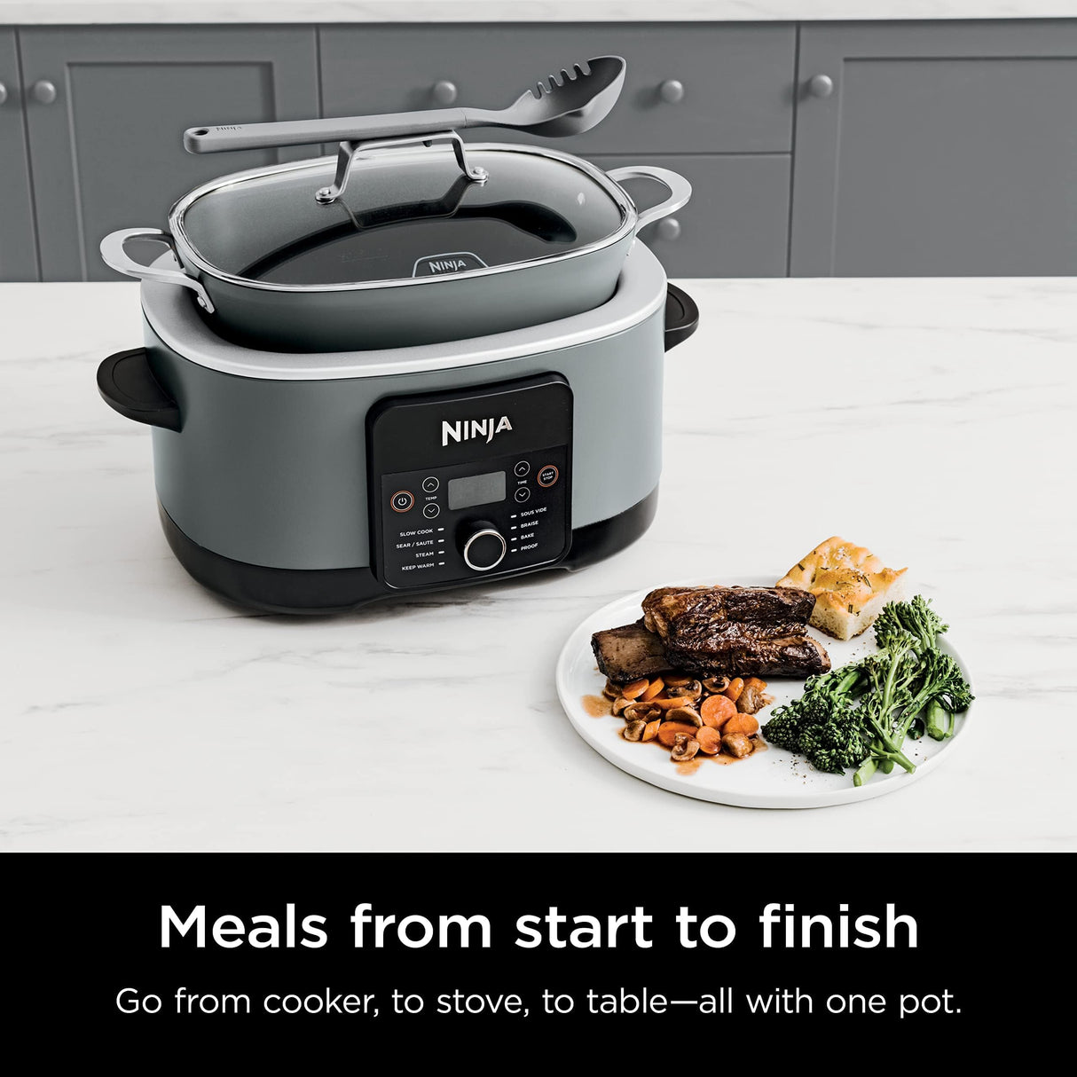 Ninja MC1001 Foodi PossibleCooker PRO 8.5 Quart Multi-Cooker, with 8-in-1 Slow Cooker, Dutch Oven, Steamer, Glass Lid Integrated Spoon, Nonstick, Oven Safe Pot to 500°F, Sea Salt Gray Ninja