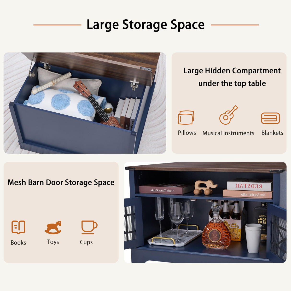 Square Coffee Table Farmhouse Coffee Tables for Living Room, Coffee Table with Storage, Blue Coffee Table with Hidden Compartment, Rustic Center Table with Lift-up Top LIDYUK