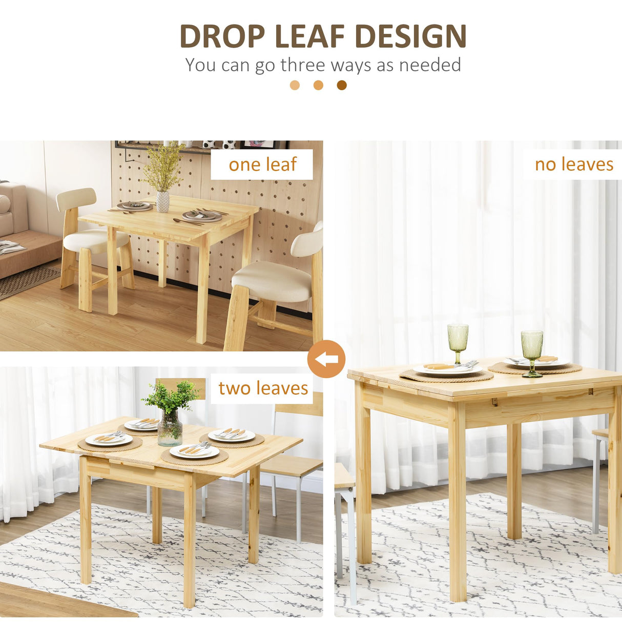 HOMCOM Folding Dining Table, Pine Wood Drop Leaf Table, Foldable Kitchen Table for Small Spaces, Natural HOMCOM