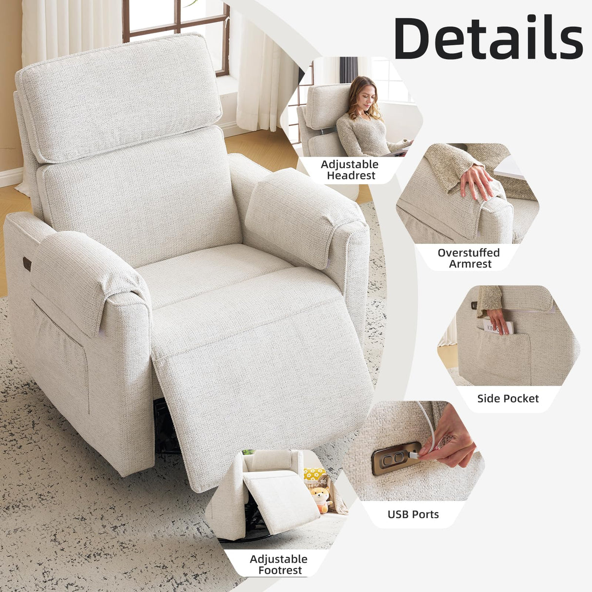 Rhevoy Oversized Power Recliner Chair, 26" Extra Wide Swivel Rocker Recliner with Adjustable Headrest, Chenille Glider Rocking Nursery Chair with Overstuffed Armrest, USB Ports, White Rhevoy